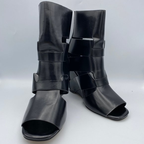 Shoes - Black Open Toe Hollow Out Wedge Boots Zipper Shoes